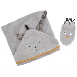 Moulin Roty Gray Bath Towel and Cat Mitten